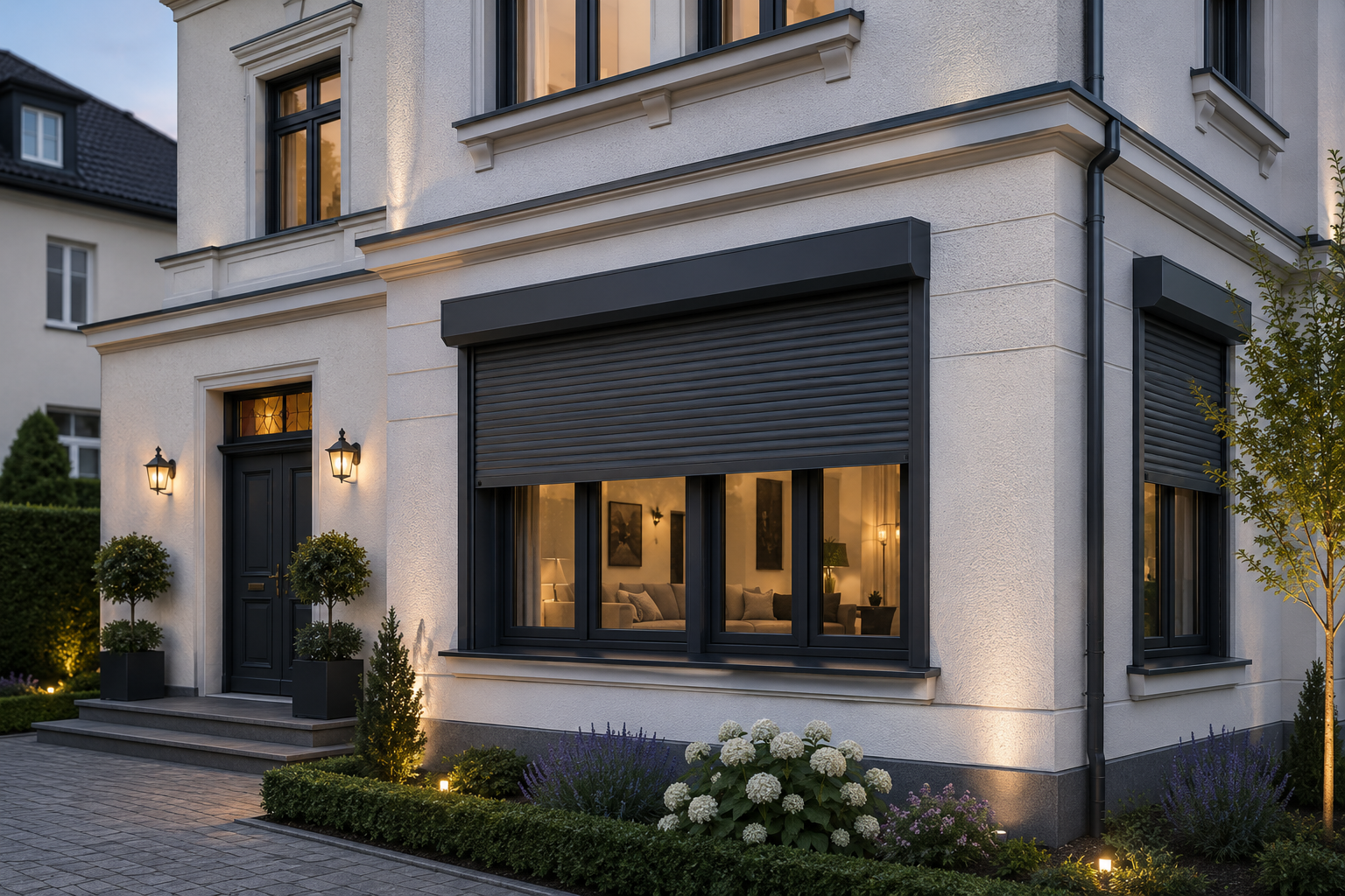 Vorbaurollladen an einer modernen Fassade