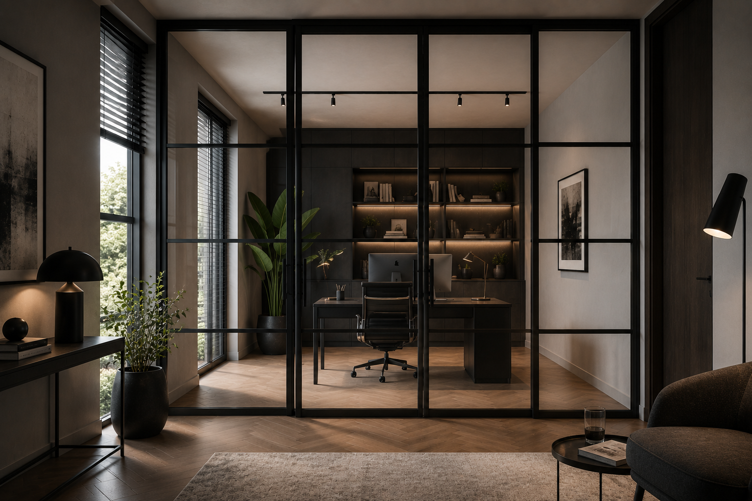 Homeoffice mit moderner Glaswand und schwarzem Metallrahmen