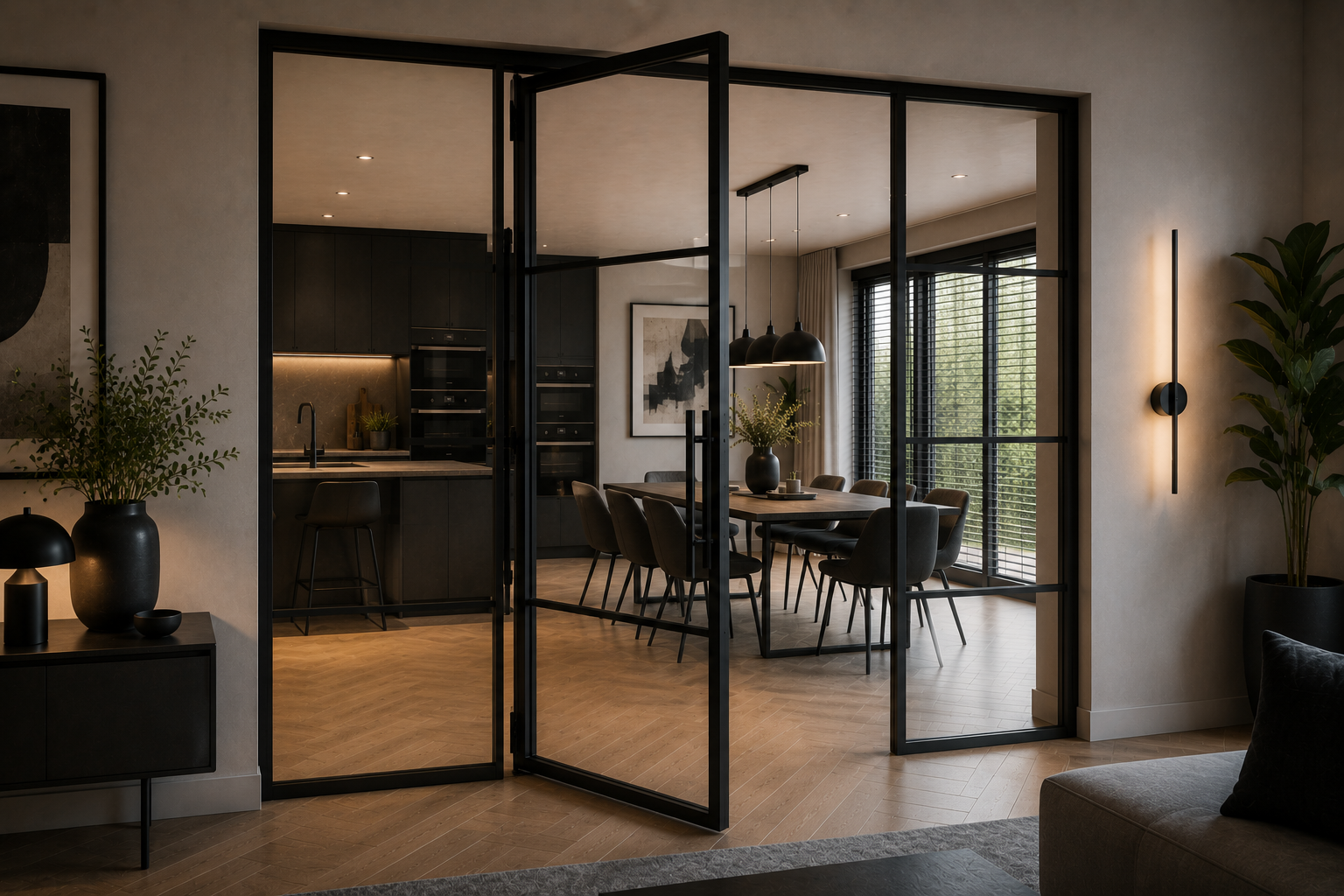 Klassische Loft-Drehtür mit schwarzem Stahlrahmen und Glas