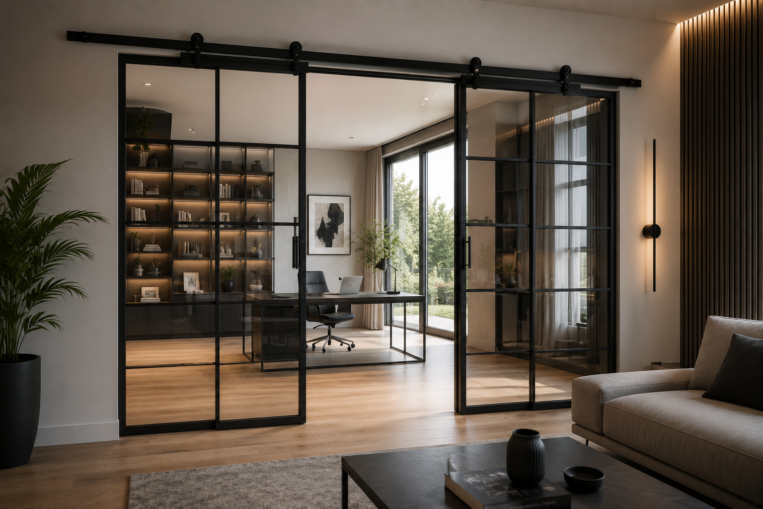 Moderne Loft-Schiebetür aus Glas und schwarzem Metall