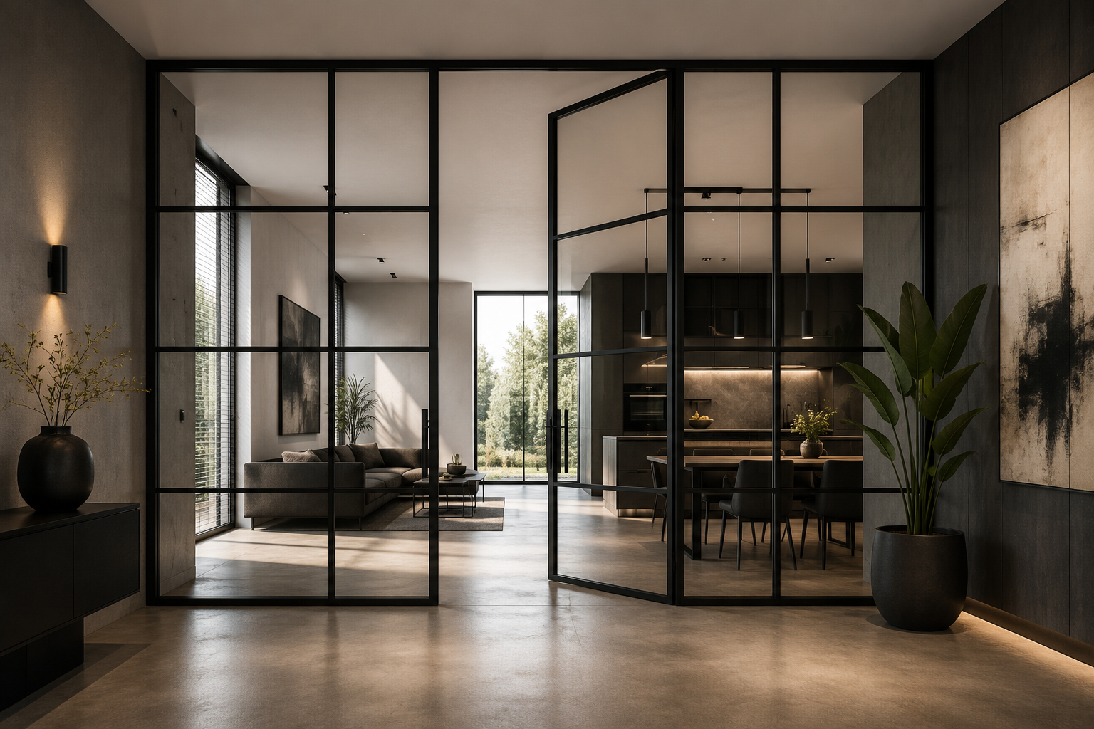 Moderne Lofttür aus Stahl und Glas in einem offenen Wohnbereich