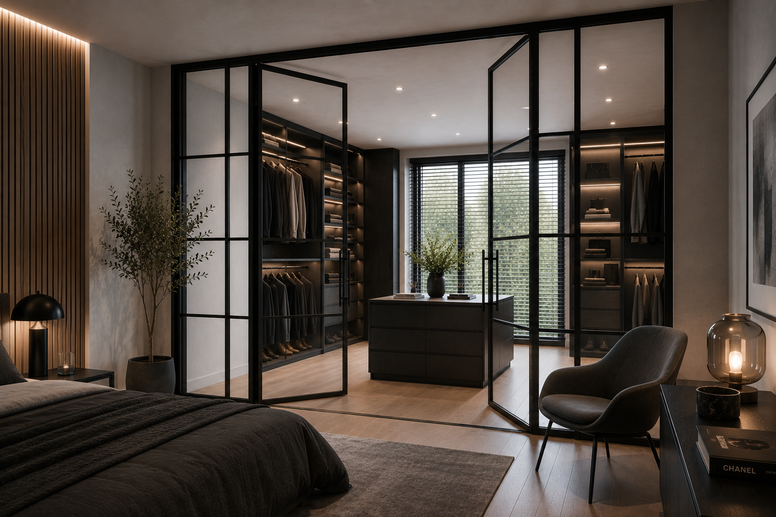 Schlafzimmer mit gläserner Loftabtrennung zur Ankleide