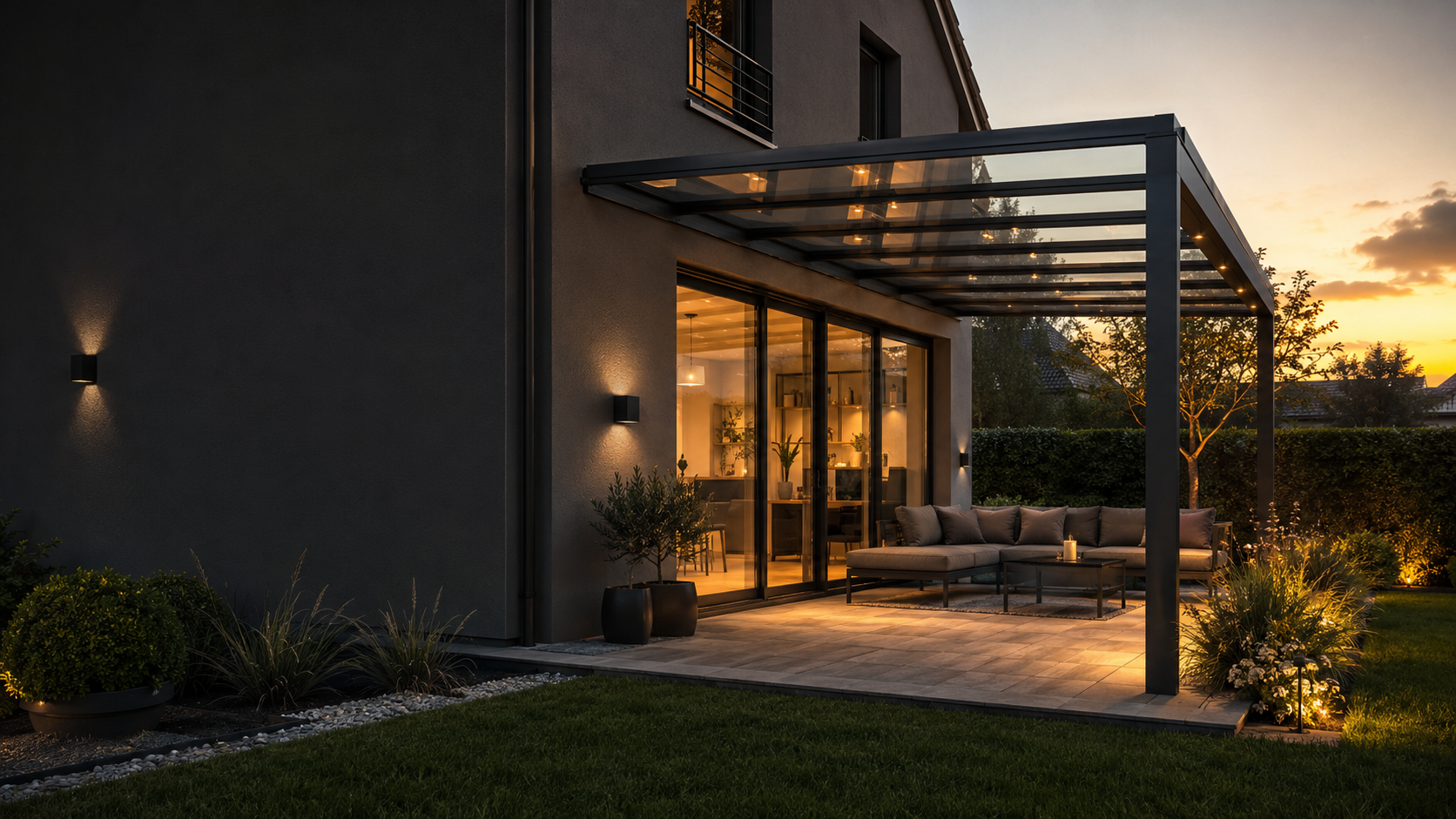 Moderne Terrassenüberdachung mit Glasdach