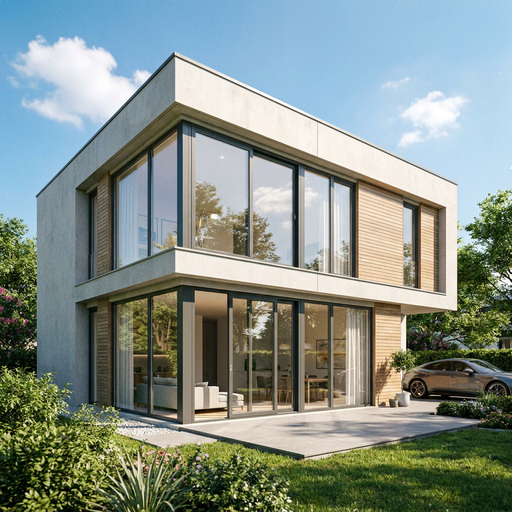 Aluminiumfenster an einem modernen Einfamilienhaus als beispielhafte Visualisierung