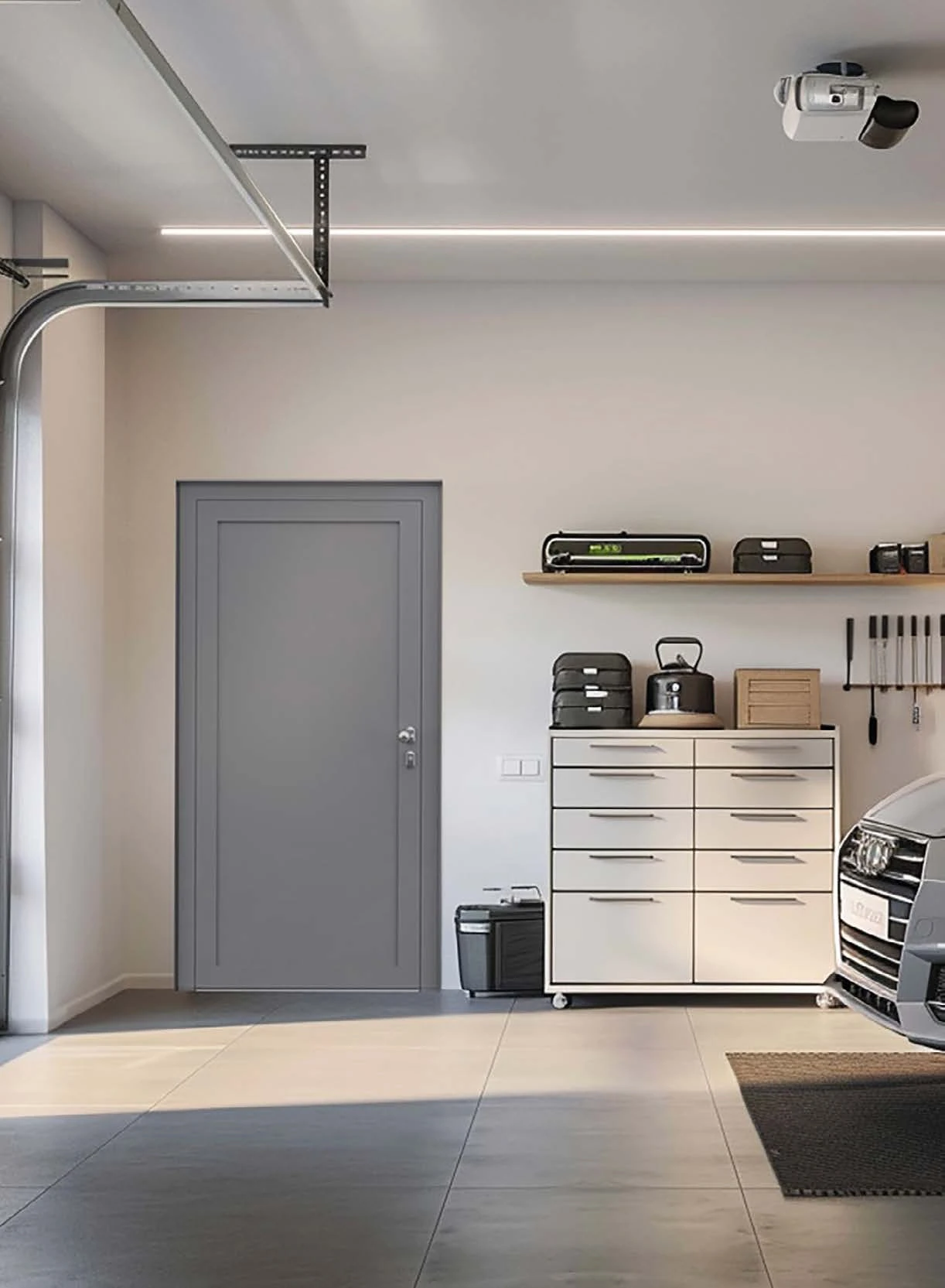 Graue Metalltür in einem modern eingerichteten Nebenraum
